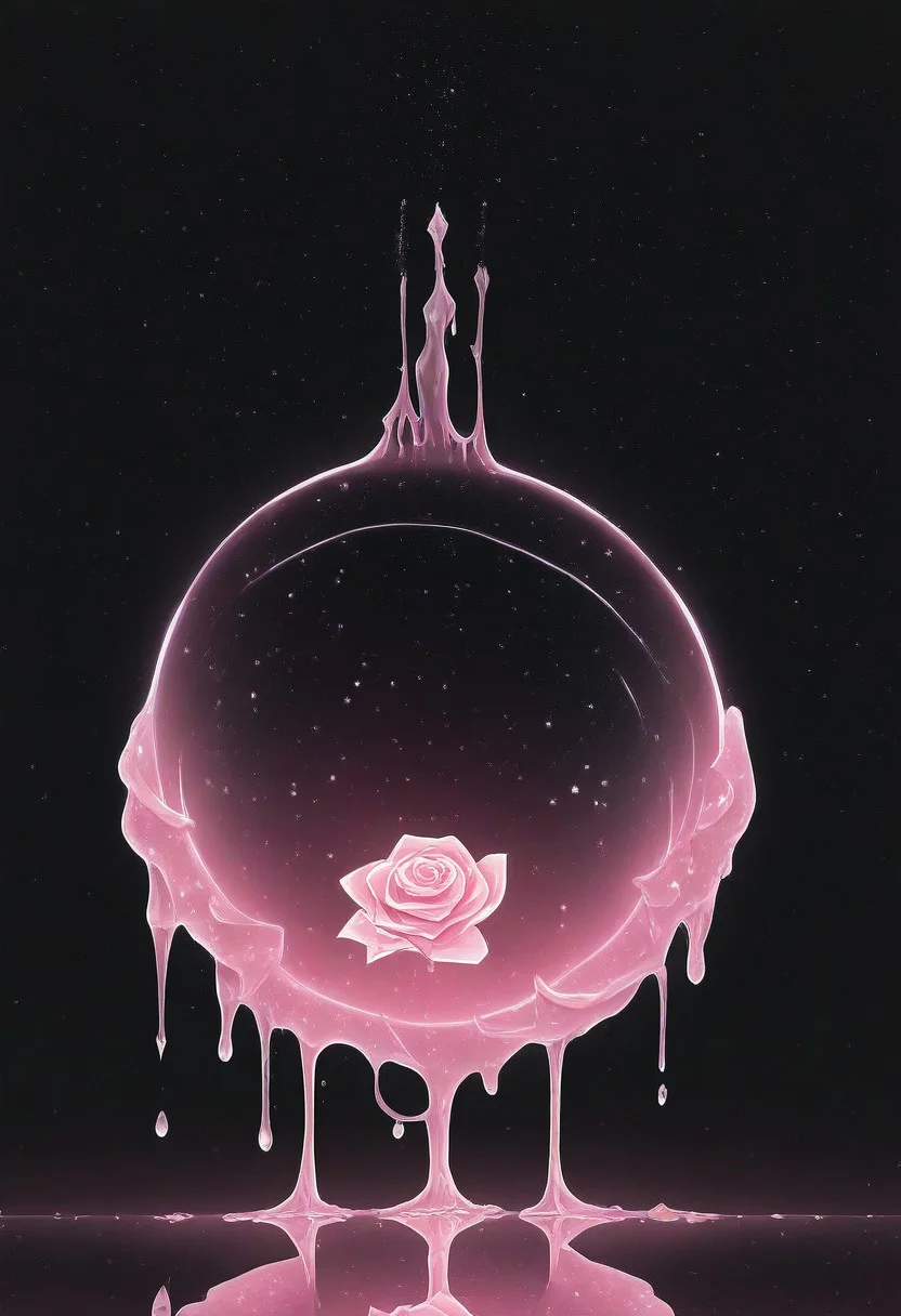 (masterpiece), best quality, Anime, Illustration, (Floating Sphere, Crystal, Magic, Reflection, Melting, Dripping, Pink Rose), Black Background, No Humans, Starry Theme, (Light Refraction), White and Pink Theme, Natural Lighting, symphtia-style