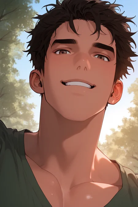 expressive cute face, 1boy, PlaywIlic, brown eyes, dark brown hair, short hair, manly, muscular, bara, wide shoulders, looking at viewer, smiling, shiny skin, green shirt, collarbone, close-up, outdoors sunny day, dynamic angle, dynamic action, atmospheric perspective, intricately detailed, depth of field, masterpiece, best quality, amazing quality, very aesthetic, absurdres, newest, very awa