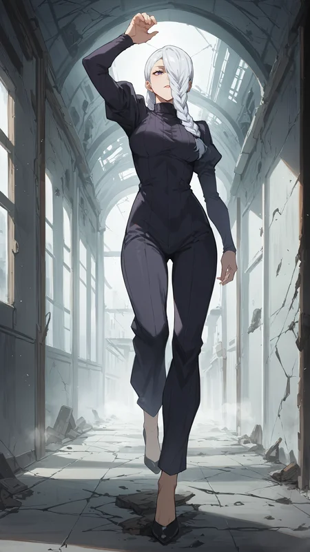 score_9,score_8_up,score_7_up,score_6_up, source_anime, zPDXL3, <lora:xl_more_art-full_v1:0.5>, woman, dynamic pose, on tiptoes, <lora:Mei Mei - Pony-000004:0.8>, aMei, long hair, white hair, braided ponytail, hair over one eye, braided ponytail, purple eyes, black dress, long sleeves, puffy sleeves, turtleneck dress, wide leg jumpsuit pants, pants tucked in, front braid, abandoned building, destruction, mist, fog, interior, hallway, haunted,