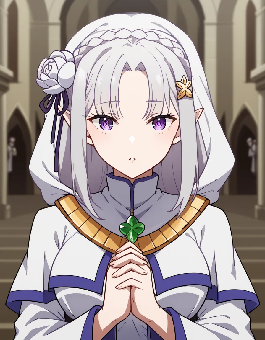 score_9, score_8_up, score_7_up, source_anime, <lora:rezero-emilia-s1s2-ponyxl-lora-nochekaiser:1>, emilia, braid, crown braid, flower, hair flower, hair ornament, hair ribbon, long hair, pointy ears, purple eyes, white hair, x hair ornament, medium breasts,, <lora:buddhist-nun-ponyxl-lora-nochekaiser:1>, buddhist nun, nun, habit, vitakra mudra, mudra, coif, gold necklace, priestess,, church, parted lips, praying,, cowboy shot