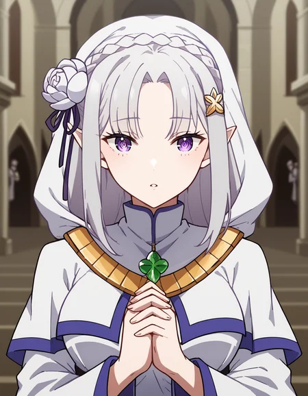 score_9, score_8_up, score_7_up, source_anime, <lora:rezero-emilia-s1s2-ponyxl-lora-nochekaiser:1>, emilia, braid, crown braid, flower, hair flower, hair ornament, hair ribbon, long hair, pointy ears, purple eyes, white hair, x hair ornament, medium breasts,, <lora:buddhist-nun-ponyxl-lora-nochekaiser:1>, buddhist nun, nun, habit, vitakra mudra, mudra, coif, gold necklace, priestess,, church, parted lips, praying,, cowboy shot