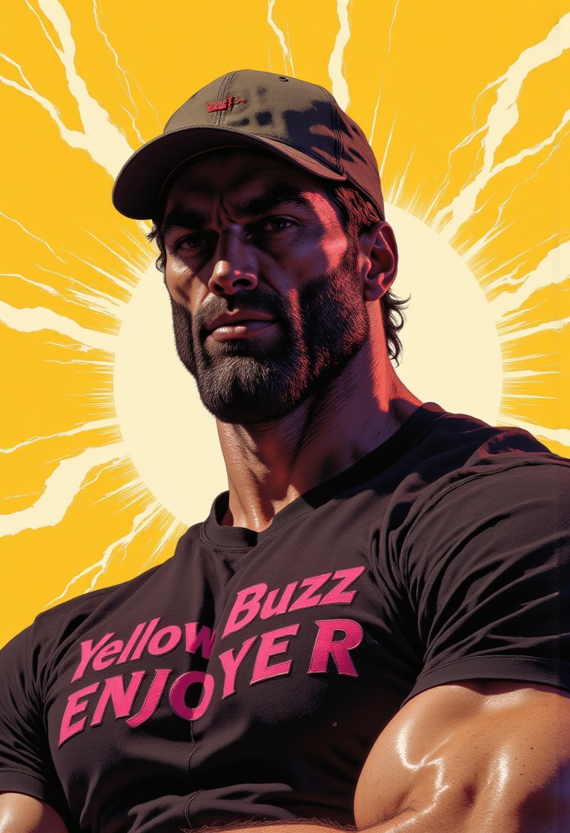The image is an illustration featuring a muscular constructor worker dude with a pale skin tone and beard. Facing the camera,he has a short-length, wavy brown hairstyle , styled. He is wearing a black t-shirt and baseball cap that accentuates his working hard attitude with the text "Yellow Buzz Enjoyer" in magenta  the lighting is dramatic and striking as he is backlit by sun rising rays, a glowing chromatic outline around his visage indicate his power.CAICO