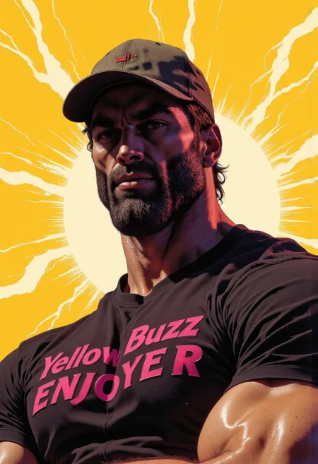 The image is an illustration featuring a muscular constructor worker dude with a pale skin tone and beard. Facing the camera,he has a short-length, wavy brown hairstyle , styled. He is wearing a black t-shirt and baseball cap that accentuates his working hard attitude with the text "Yellow Buzz Enjoyer" in magenta the lighting is dramatic and striking as he is backlit by sun rising rays, a glowing chromatic outline around his visage indicate his power.CAICO