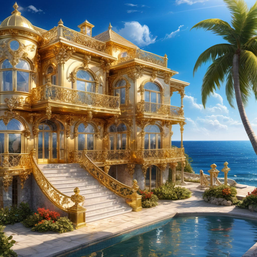 ((best quality)), ((masterpiece)), ((realistic,digital art)), (hyper detailed),Seaside Resort, house made of Shining Twinkling Diamond, Glimmery, Vermeil (Gold over Sterling Silver), Resilience, Heat Treatment, Limited Supply, High Fashion, Renaissance, Personal Growth,8K, HDR, <lora:add-detail-xl:1.5>