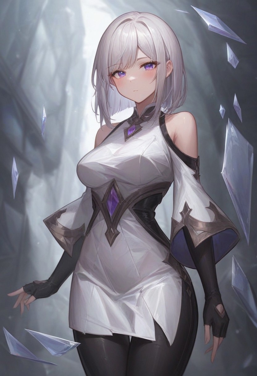1girl, shiny_skin, score_9, score_8, score_7, BREAK source_anime, straight hair, good colors, best body, thigh, good legs, detailed bangs, eyeliner, black eyeliner, perfect body, perfect eyes, 1girl, blush, BREAK score_9, score_8_up, score_7_up, score_6_up, source_anime, girl focus, background, perfect arms, standing, closeup, portrait, dynamic poses, solo, breasts, looking at viewer, bangs, white hair, bare shoulders, medium breasts, purple eyes, dress, headshot, detailed dress, shoulder-length_hair, black pants, white sleeves, detached sleeves, black fingerless gloves, best lineart, black pants, background, effects, medium hair (shoulder length), detailed face, detailed eyes, Jinkhok, expressionless, pants, glass dress, white dress, sharp glass,