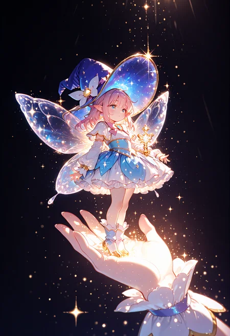 masterpiece, best quality, amazing quality, very aesthetic, newest,
1girl, solo, a fairy that glows in your hand,
a magical girl, a big hat,
<lora:ponyv6_noobV1_2_adamW:0.5>
BREAK
<lora:Bright_style:1> Bright_illu,sparkle,too many light particles