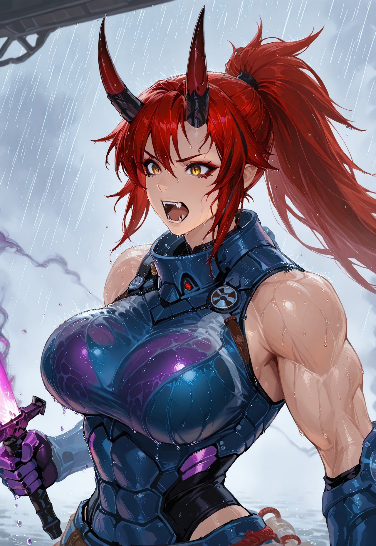 klskx, masterpiece, best quality, amazing quality,  Smooth Quality, hard lighting,
detailed Background, upper body only,
Oni, Reika, Zeriastra, Skybreaker,1girl, solo, adult, tall female, golden eyes, red makeup, red hair, streaked hair, long hair ponytail, ponytail, short hairs, red and black horns, spiky horns, breasts, large round breasts, muscular, (excited:0.9), open mouth, fangs, 1girl, Panoceania, wearing light armor, roaring, indoor, blue armor, sci-fi, holding sword, sword with electric lightnings effects  Action shot. Last stand, Smoke, purple gas, sprinklers, raining, wet hairs, wet armor, 

