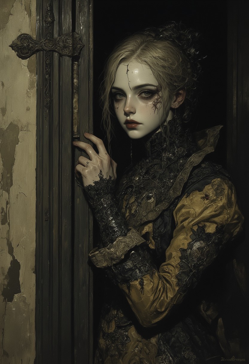 Create an intricately detailed, hyper-realistic head-and-shoulders portrait of an aging, cracked Victorian-era porcelain and paper-mâché doll. She is small in stature, no bigger than a small child and peers around the edge of a dark wooden doorway, her delicate porcelain fingers barely visible as they grip the frame. A deep, jagged crack splits her forehead, and her glossy black void-like eyes lock onto the viewer with a sinister, knowing grin. A cold, unnatural glow from behind silhouettes her figure, casting an eerie halo around her wild, dust-matted curls. Her once-elegant Victorian gown, adorned with tattered lace and intricate embroidery, clings to her fragile frame, the frayed edges barely catching the dim light. The peeling wallpaper behind her reveals darkened wood panels, their surfaces warped with time. Wisps of dust swirl in the air, illuminated by the unsettling backlight, as faint whispers seem to emanate from the shadowed hallway beyond. The air is thick with haunting elegance, a perfect balance of beauty and creeping dread as she lingers in the doorway, watching… waiting.