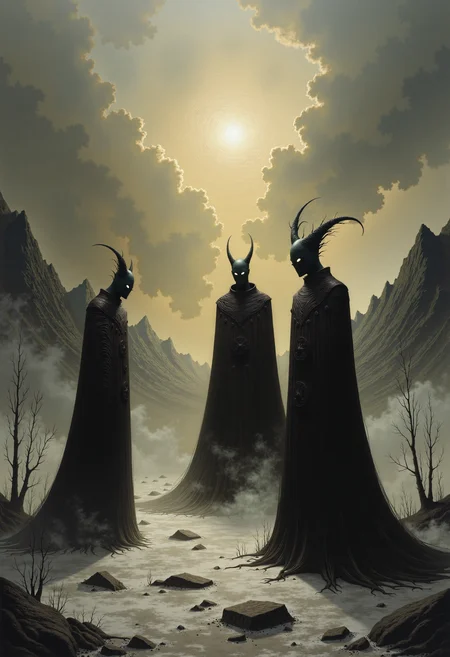 0n1r1c, Create this dramatic impasto artwork that decipts the three Norse Norns from the Völuspá poem of the Edda, stand on a vast, frozen ice field. 
The sky is overcast with dark, brooding clouds, and the low-hanging sun casts an eerie, mystical glow over the scene. 
The Norns wear long, heavy garments reminiscent of medieval Norse attire, and their faces are shrouded in mystery, adding to their enigmatic presence. 
The atmosphere is calm, silent, and timeless, emphasizing the Norns' mystical nature as the weavers of fate. Surrounding them are ancient, withered trees and a distant silhouette of a rugged mountain range, further enhancing the otherworldly setting.
This dystopian, post-apocalyptic-style painting features a monochromatic scheme, primarily with shades of black, gray, and white.