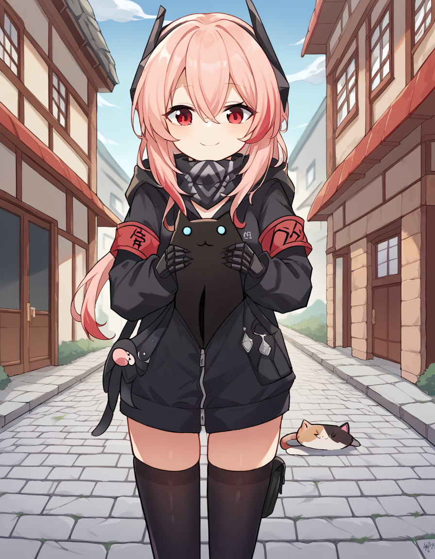 score_9, score_8_up, score_7_up, source_anime, <lora:girlsfrontline-m4-sopmod-ii-ponyxl-lora-nochekaiser:1>, m4 sopmod ii, hair between eyes, red eyes, pink hair, streaked hair, red hair, sidelocks, long hair, multicolored hair, two-tone hair,, armband, black gloves, black jacket, black scarf, black thighhighs, gloves, hair ornament, headgear, headphones, holster, hood, hooded jacket, jacket, mechanical hands, red armband, scarf, thighhighs, track jacket,, stone walkway, historic, path, cobblestone, footpath, smile, <lora:longcat-ponyxl-lora-nochekaiser:1> longcat, longcat (meme), armpit carry, meme, holding cat, holding animal, cat, animal, bed room, looking down,, cowboy shot,, looking at viewer, solo,, dutch angle, cowboy shot