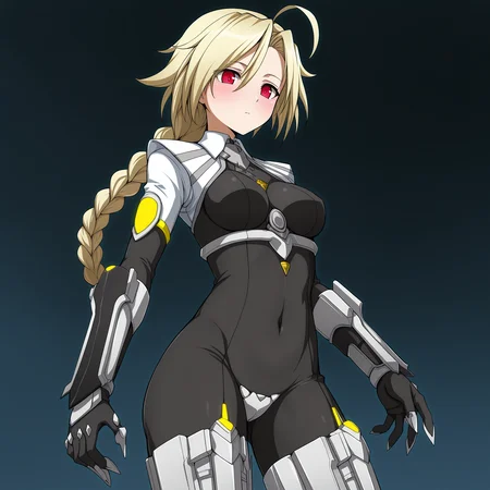 masterpiece, best quality, amazing quality, anime screencap, 1girl, solo, standing, cowboy shot, face-focus, <lora:lambda-11:0.9>, lambda-11, blonde hair, ahoge, braided ponytail, single braid, red eyes, black bodysuit, covered navel, arm blade, white shoulder armor, white crotch plate, covered groin, leg armor,