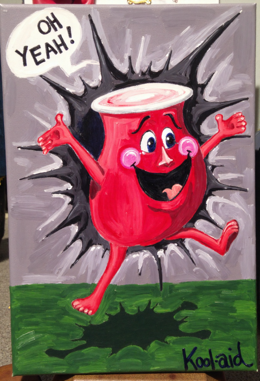 <lora:Thrift_Store_Paintings_FLUX:1>
The image is a vibrant, expressive painting on canvas depicting a scene of the Kool-aid man breaking through a wall with the speech bubble: "OH YEAH!"