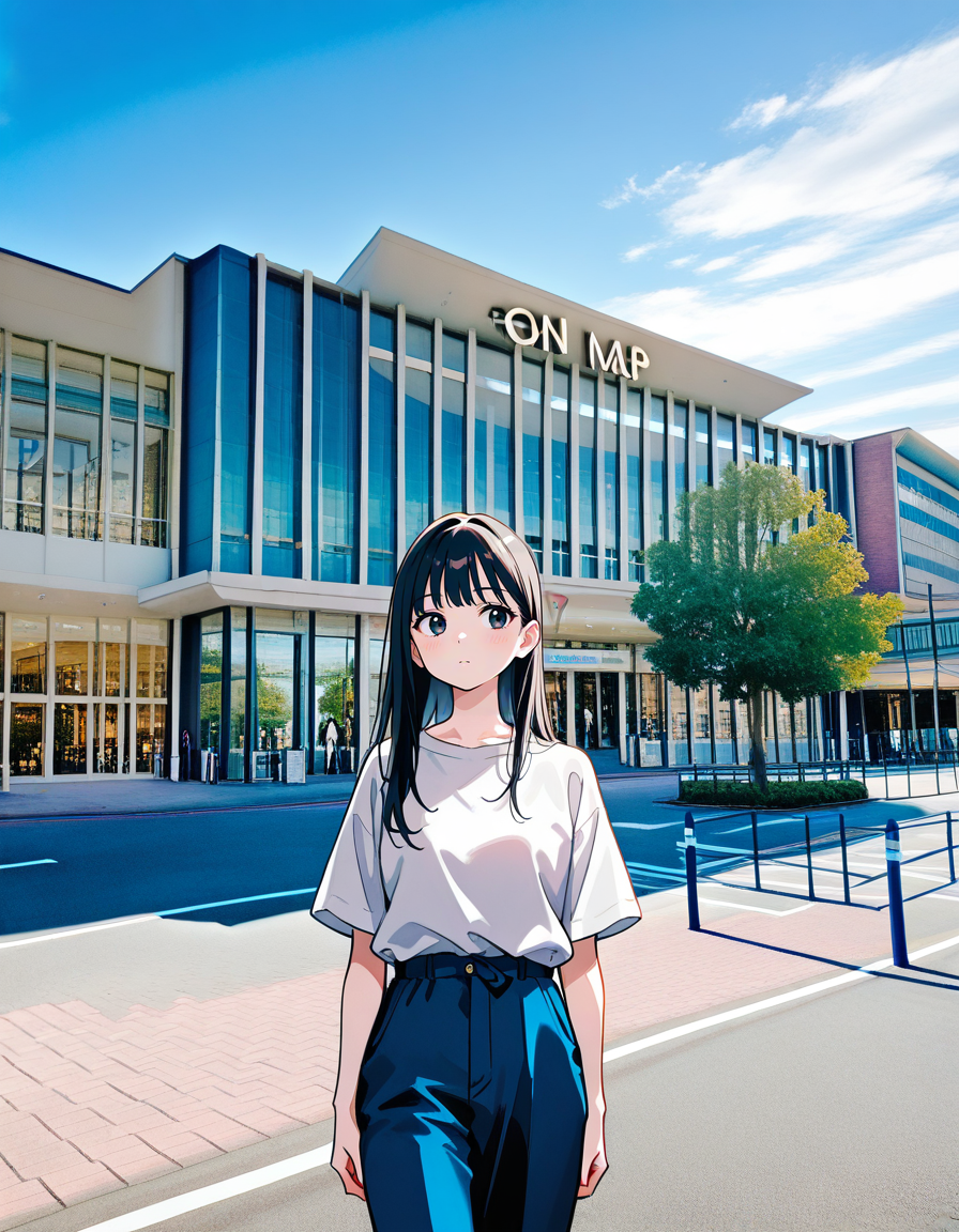 score_7_up, anime BREAK official art, solo, 1girl, one girl, 
Black hair, (chest length hair:1.2), Straight Hair, bangs, one tucked behind ear, black eyes, feature large highlight, feature double highlights, shaped eyeblow, 
<lora:Shopping_Mall-000006:1>, Shopping Mall, photo background, real world location, 
sky, outdoors, blue sky, day, building, cloud, road, tree, city,  street, shadow, sign, fence,building exterior, building entrance, door, window, 
(masterpiece:1.3), best quality, high resolution, unity 8k wallpaper, extremely detailed CG, 8K, (watercolor \(medium\), muted color, sketch:1.1), perfect anatomy, highly finished, masterpiece, best quality, high quality, amazing quality, great quality, very aesthetic, ultra detailed, highres, absurdres, highly detailed, highly detailed background,