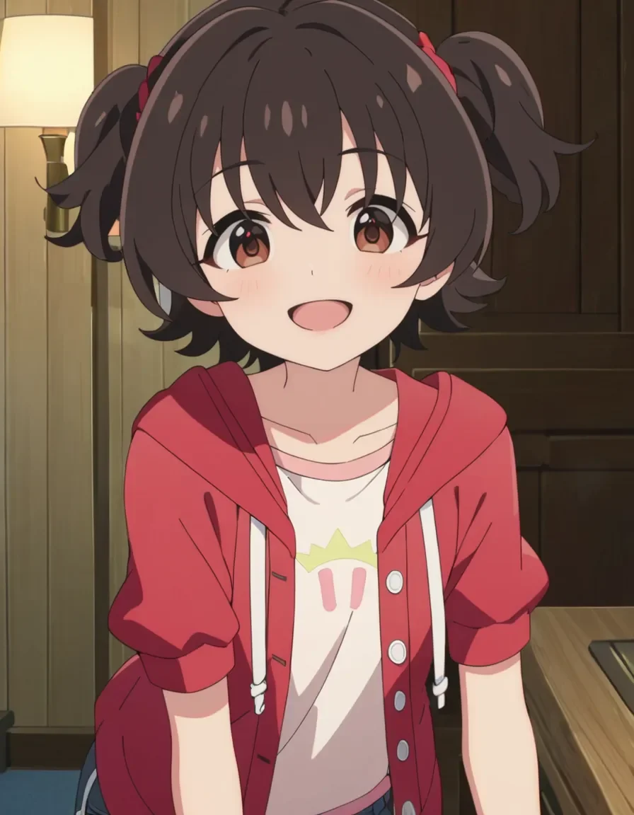 best quality,masterpiece, 4k, uncensored, prefect lighting, rating_explicit
1girl, solo,
akagi miria, brown eyes, two side up, short hair, black hair
akgmiria_AA, red hoodie,hooded jacket , shorts, open jacket
,friendly, smile,open mouth,upper body ,face focus,newest,official art
<lora:akagi_miria_animagine_v1:0.6>