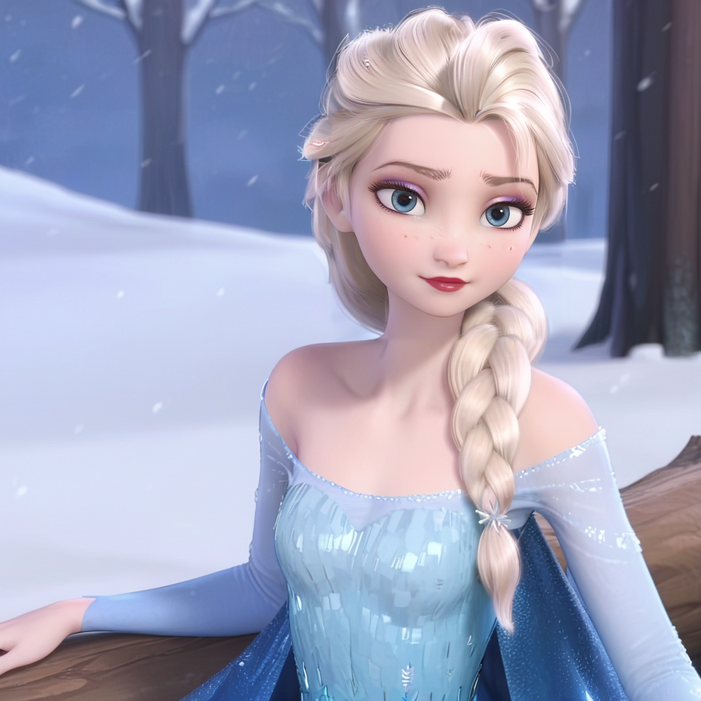 score_9, score_8_up, score_7_up, score_6_up, absurdres, best quality, <lora:elsa33:1> , elsa33, 1girl, long hair, blue eyes, blonde hair, dress, bare shoulders, braid, blue cape, blue dress, hair over shoulder, red lips, eyelashes, eyeshadow, makeup, frozen \(disney\), anime screencap, long sleeves, looking at viewer, sitting on a log, snowing,