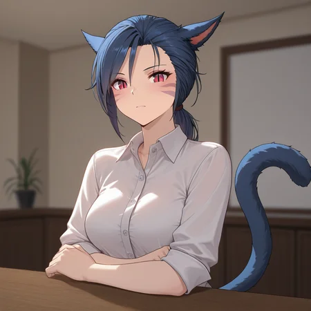 masterpiece,best quality,amazing quality,high quality,very aesthetic,absurdres,newest,shaded,digital media \(artwork\),depth of field,solo,looking at viewer,perfect eyes,perfect face,medium breasts,<lora:Vinyl_Scratch_FFXIV_OC:1>,VinFFXIV, cat girl, cat ears, cat tail, red eyes, slit pupils, miqo'te,business attire, professional pose,indoors,amazing quality,soft lighting,<lora:eye:1>,HDeyes,detailed eyes,