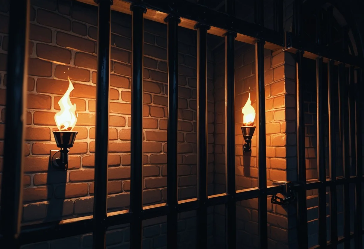 score_9, score_8_up, score_7_up,
cobwebs, ceil, bars, shackles hanging from wall, torch light,
Dark Dungeon,
(masterpiece), (amazing artwork),