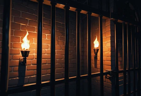 score_9, score_8_up, score_7_up,
cobwebs, ceil, bars, shackles hanging from wall, torch light,
Dark Dungeon,
(masterpiece), (amazing artwork),