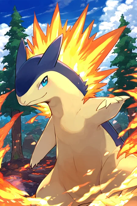 score_9, score_8_up, score_8, ,,, , ,,, zzTyphlosion, no humans, pokemon (creature), fire, <lora:TyphlosionPokedex_PDXL:1.0>, ,,, , BREAK, smile, looking at viewer, cowboy shot, ,,, outdoors, sky, day, cloud, tree, blue sky, sunny, ,,, Expressiveh, ,,, <lora:Alola_Style_PDXL:0.8>, <lora:Expressive_H-000001:0.4>,