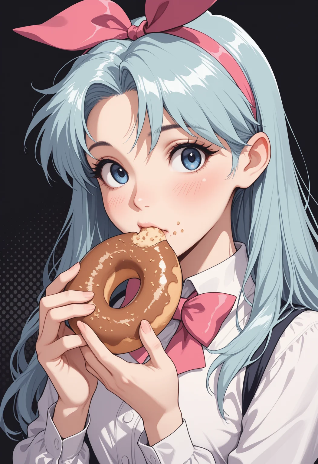 masterpiece, high_quality, highres,
woman, blouse, bowtie, hair_ribbons, eating_donut, joy, eyelashes, crumbs, blush, black_background, halftone