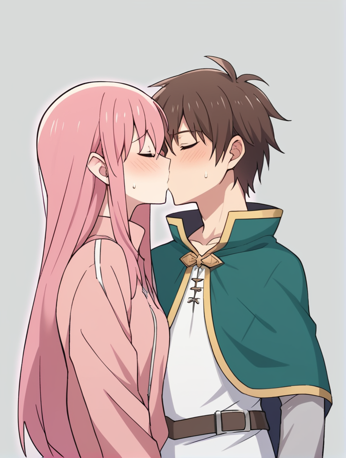 1 girl, 1 boy, gray background, kiss, kissing, upper body, score_9, score_8_up, score_7_up, source_anime best quality anime, intricate details, ADDCOMM
<lora:Hitori_Pony:1>, 1girl, pink_hair, long_hair, one_side_up, small_breasts, cube_hair_ornament, track_jacket, pink_jacket, pink jacket, big ass, blushing, embarrassed, kiss, kissing, closed eyes,
ADDCOL
<lora:Kazuma_Satou_Konosuba_Fantastic_Days:0.67> , kazumasatou-liver020, 1boy, male focus, brown hair, capelet, green capelet, short hair, male focus, white shirt, grey sleeves, small cape, kiss, kissing, closed eyes, score_9, score_8_up, score_7_up, Details, Captivating Details, intricate Details, Max Details, Detailed,