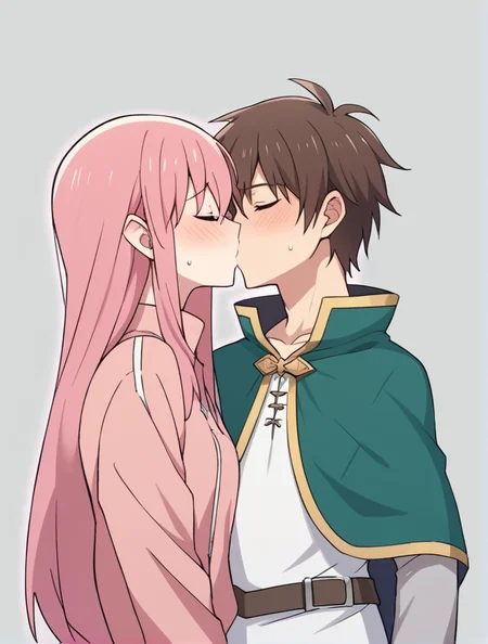1 girl, 1 boy, gray background, kiss, kissing, upper body, score_9, score_8_up, score_7_up, source_anime best quality anime, intricate details, ADDCOMM
<lora:Hitori_Pony:1>, 1girl, pink_hair, long_hair, one_side_up, small_breasts, cube_hair_ornament, track_jacket, pink_jacket, pink jacket, big ass, blushing, embarrassed, kiss, kissing, closed eyes,
ADDCOL
<lora:Kazuma_Satou_Konosuba_Fantastic_Days:0.67> , kazumasatou-liver020, 1boy, male focus, brown hair, capelet, green capelet, short hair, male focus, white shirt, grey sleeves, small cape, kiss, kissing, closed eyes, score_9, score_8_up, score_7_up, Details, Captivating Details, intricate Details, Max Details, Detailed,