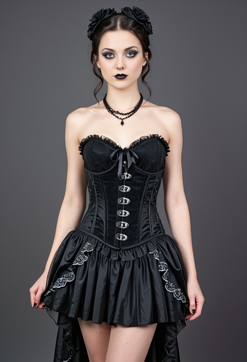 score_9, score_8_up, score_7_up, BREAK,
Victorian Gothic Romance, gothic, victorian, 1890 cloth, Gothic Romance 1890s, corset, solo, breasts, black hair, dress, bare shoulders, Goth girl, jewelry, medium breasts, standing, necklace, strapless, makeup, lipstick, pale skin, black lips, vampire, Gothic girl