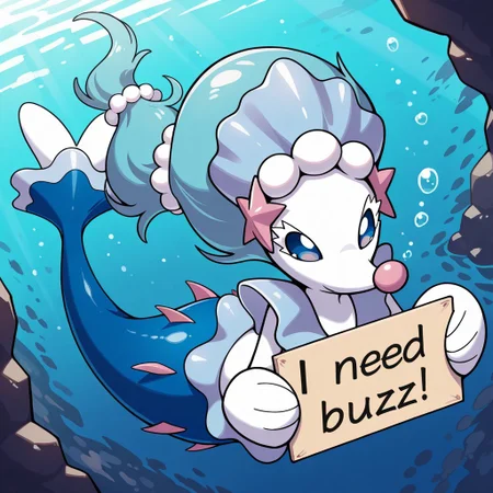 masterpiece, best quality, very aesthetic, <lora:Primarina_Concept_Illustrious:0.6> primarina, mermaid tail, pokemon, pokemon (species), blue eyes, ocean, underwater, swimming, from above, high-angle view, digital media \(artwork\), puzzled, need_buzz, holding sign