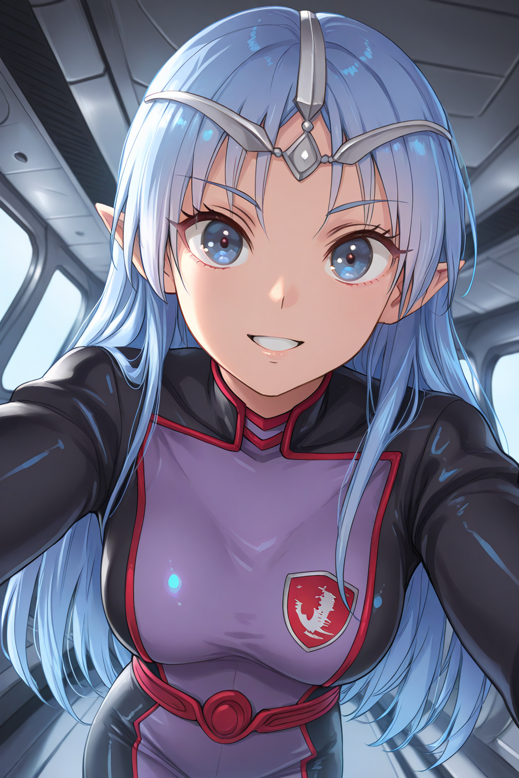 1girl, ALHairstyle, ALOutfit,
general, solo, perspective, dynamic angle, upper body, 
blue hair, blue eyes, eyelashes, pointy ears,
shiny skin,
circlet, bodysuit, emblem,
looking at viewer, smile,
spacecraft, indoors,
depth of field,
<lora:kp_LafielSeikaiIllustrious_v1_0:1.0>
masterpiece, best quality, amazing quality