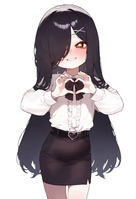 masterpiece, highres, absurdres, newest, very awa, 1girl, solo, very long hair, hair over one eye, black hair, black pupils, x hair ornament, white dress shirt, center frills, black belt, pencil skirt, black skirt, blush, 4-finger heart hands, simple background, <lora:spo_sdxl_10ep_4k-data_lora_webui>, <lora:NOOB_EPSv1_1_detailer_by_vlnvk_v1_0>, <lora:noobai_ep11_stabilizer_v0.30_fp16>, <lora:rinzou777:0.9>