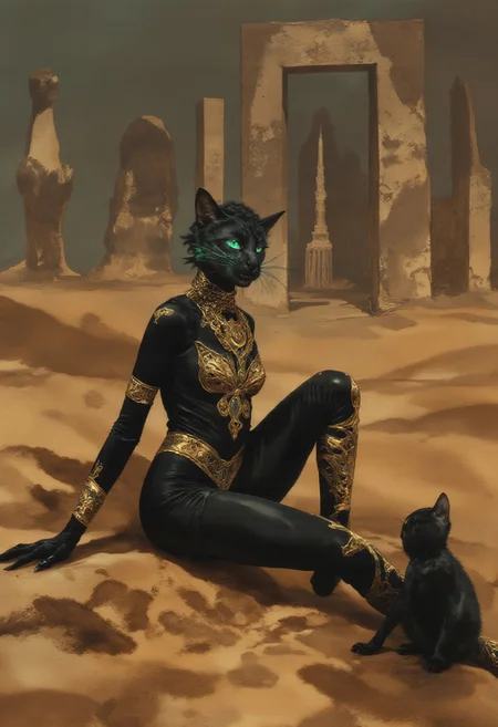 A depiction of Bastet, the feline goddess of protection, sitting gracefully on sandy dunes, adorned in a sleek black velvet catsuit detailed with intricate golden embroidery that accentuates her figure. She is adorned with golden ornaments: a lavish necklace with ornate Egyptian motifs, a delicate waist chain resting around her hips, layered chest ornaments gleaming under the light, and matching bangles on each wrist. Around her ankles, golden lace jewelry glimmers in the shifting light. Surrounded by elegant black cats, their sleek forms add to her mystique. Her silhouette is half-human, half-cat, seamlessly merging with the surreal landscape around her. Waves of purple and gold light ripple out from her, taking on the form of ethereal celestial cats in the distance, exuding a divine presence. Bastet’s emerald eyes glow intensely, trailing luminous green light with each subtle movement of her head. The ground beneath her curves into an abstract desert scape, where floating fragments of ancient temples rise into the air, connected by swirling golden vectors, merging reality with an otherworldly atmosphere that enhances her ethereal divinity. 4qu4