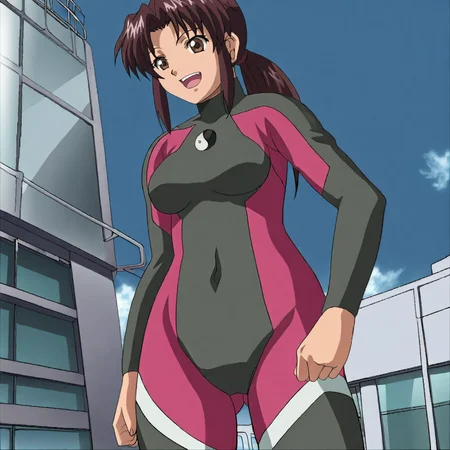 <lora:Rexy_pony_v1:.9> RexyDivingSuit, 1girl, bodysuit, ponytail, long hair, brown eyes, breasts, brown hair, giantess, cowboy shot