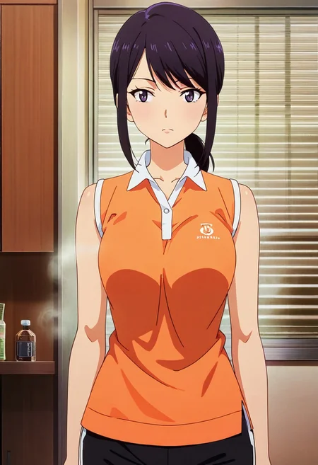 girl, other girls , multiple girls,adult, medium breast, tennis uniform, black hair hair, medium hair, low ponytail, sideswept bangs, long black track pants with 3 strip, perfect strip, black pants, long pants, anime screencap, anime style, anime coloring, indoor, body odor, steaming_body, from front, hentai artstyle, hot,stinky, no shower for 3 days, ((4k,8k,Ultra HD)),((Masterpiece :1.2)),((Best quality :1.2)),((Detailed :1.5)),((Detailed background :1.5)), score_7_up,source_anime,BREAK,score_6_up,score_5_up,score_4_up,