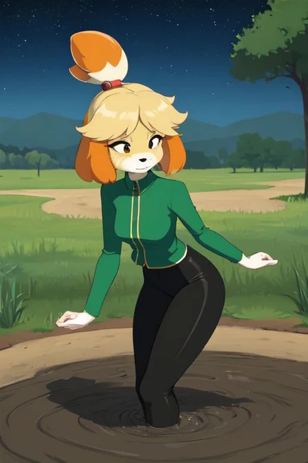 isabelle \(animal crossing\), (masterpiece, best quality:1.15), 1girl, solo, large breasts, high cheekbones, thick eyebrows, small mouth, looking to the side, leaning forward, adjusting clothes, tight leggings, green crop top shirt, starry nights, long hair, twin short braids, scared, partially submerged, struggling, farmland bog