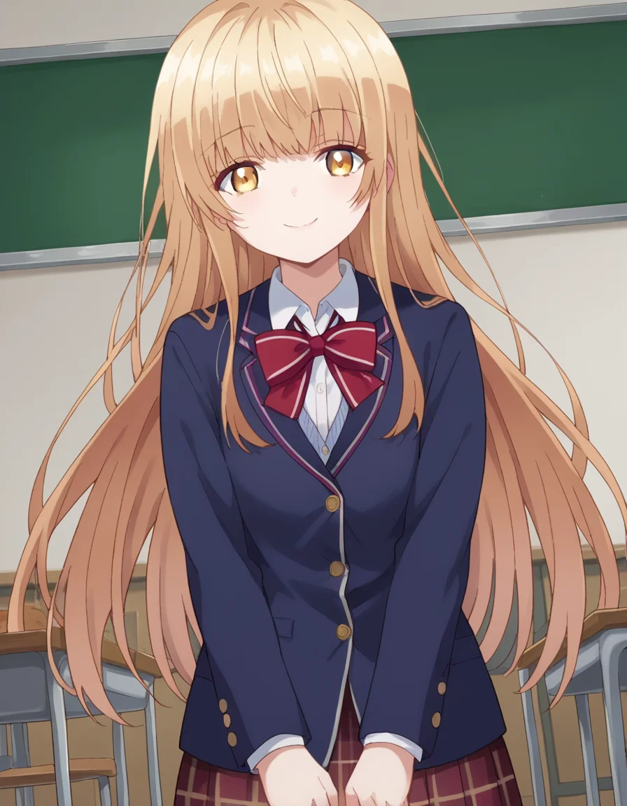 score_9, score_8_up, score_7_up, source_anime,
mahirushiina, <lora:mahiru-shiina-s1-ponyxl-lora-nochekaiser:1>
mahiru shiina, bangs, blonde hair, brown hair, yellow eyes,
long hair, skirt, bow, school uniform, jacket, pleated skirt, plaid, plaid skirt, blazer, cardigan, blue blazer, red bowtie,
indoors, classroom, smile,
looking at viewer, dutch angle, cowboy shot