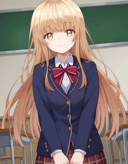 score_9, score_8_up, score_7_up, source_anime,
mahirushiina, <lora:mahiru-shiina-s1-ponyxl-lora-nochekaiser:1>
mahiru shiina, bangs, blonde hair, brown hair, yellow eyes,
long hair, skirt, bow, school uniform, jacket, pleated skirt, plaid, plaid skirt, blazer, cardigan, blue blazer, red bowtie,
indoors, classroom, smile,
looking at viewer, dutch angle, cowboy shot