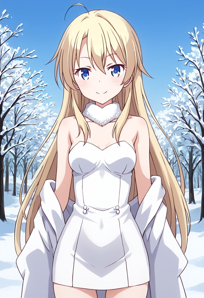 score_9, score_8_up, score_7_up, BREAK source_anime, best quality, masterpiece, ,rating_explicit, outside background, smile, looking at viewers, standing up BREAK
Kou Yagami, 1girl, solo, long blonde hair, blue eyes, seductive eyes, bare shoulders, medium breast, cowboy shot, backdrop of soft winter snow, standing in a frost-covered tree with red rowan berries, wearing a white and beautiful maxi dress. A luxurious fur cloak is draped over her shoulders and she holds a red rose in her hands. BREAK
 <lora:add-detail-xl:1>, zPDXL