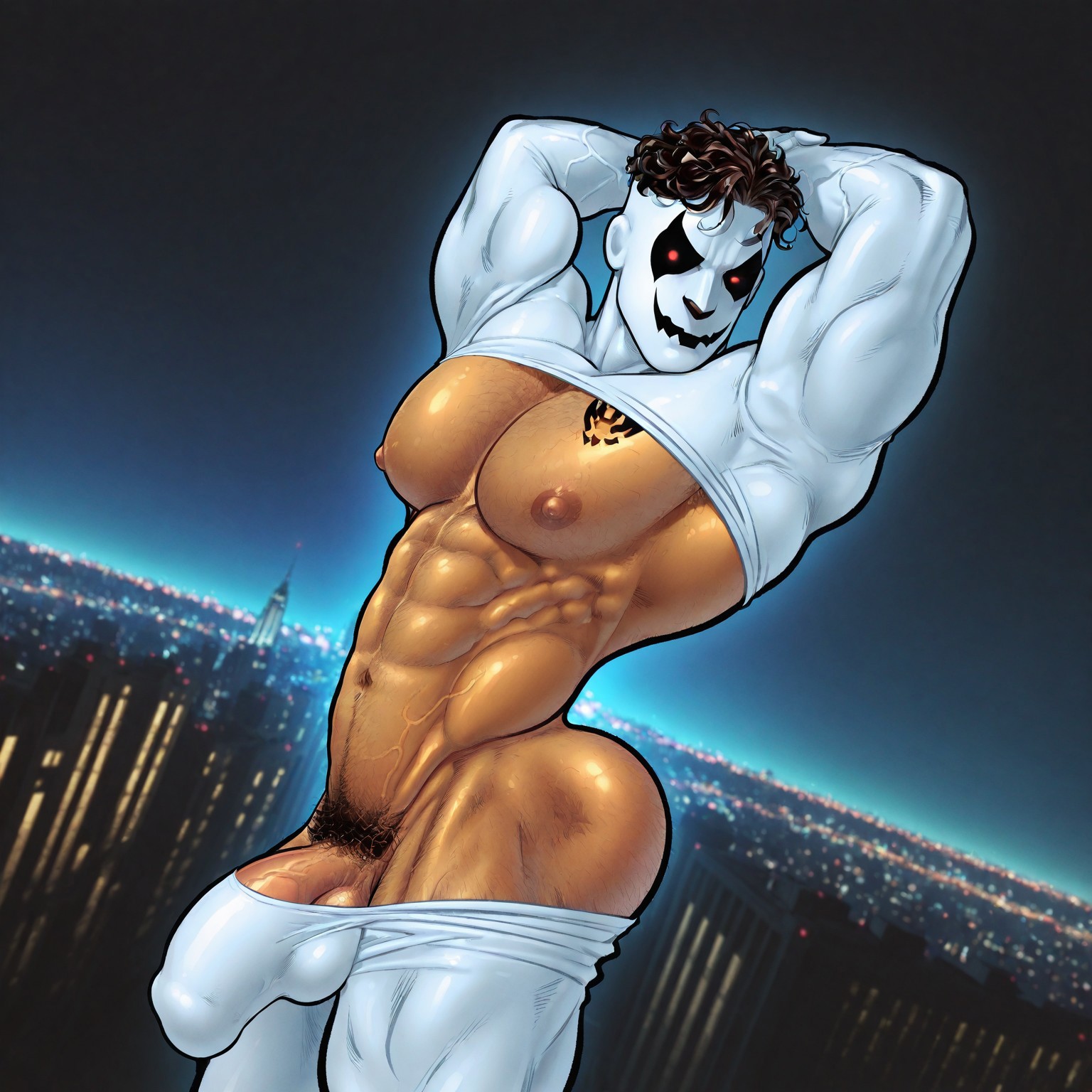 masterpiece, best quality, absurdres, newest, perfect quality, best quality, absolutely eye-catching, detailed background, intricate details, bara, 1boy, male, male focus, solo, tan skin, dark brown hair, short hair, curly hair, brown eyes, mask, white mask, white crop top, full sleeves, full gloves, chest exposed, small chest tattoo, white pants, full pants, hairy, bara, muscular, large pectorals, large biceps, (((long sleeves))), looking at viewer, upper body, cowboy shot, arms behind head, side view, city scenery, night time, very awa, best quality, absurdres, newest, perfect quality, detailed background, intricate details, (artist:rokudenashi:0.8), (artist:dizdoodz:0.7), (artist:gomtang:0.6)
