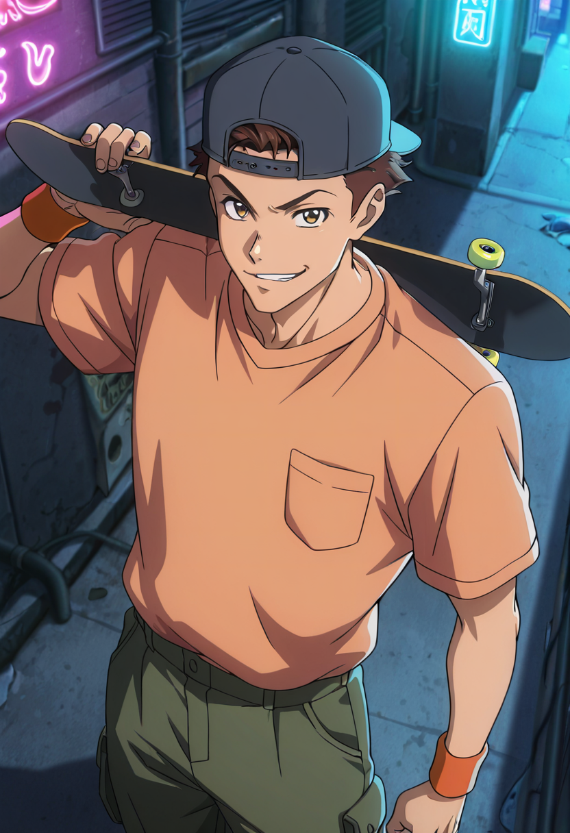 masterpiece, best quality, newest, absurdres, anime screencap, intricate details, good quality, very awa, highres, perfect proportions, perfect eyes, amazing quality, very aesthetic, <lora:Sakaki_Shohei_Love_All_Play.safetensors:1.0>,  1boy, shoh31_sakak1, brown_shoh31_sakak1_eyes, brown_shoh31_sakak1_hair, anime coloring, solo, male focus,  orange shirt, breast pocket, baseball cap, backwards hat, cargo pants, alley, night, neon lights, from above, looking at viewer, smirk, over shoulder, skateboard, wristband, shadow, dynamic angle, dynamic action, atmospheric perspective, intricate lighting, intricately detailed illustration, depth of field,