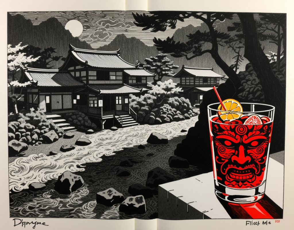 (epic:1.2), trending on artstation, (high quality:1.2), (masterpiece:1.2), high details, incredibly absurdres, colorful), (peaceful:1.31), (Anti-Art:1.29), (linocut:1.27), (Tony Moore Style:1.25), (Dadaism:1.21), (Neoclassicism:1.31),(charcoal sketch:1.19), (Mori Toshiaki:1.27), (d_long:1.27) ,, (creature:(Namahage:1.25)),   , , (object:(filled,cocktail glass:1.31) (complex numbers:1.31)) (location:(onsen:1.24) (mesa:1.17) (dappled sunlight:1.33))