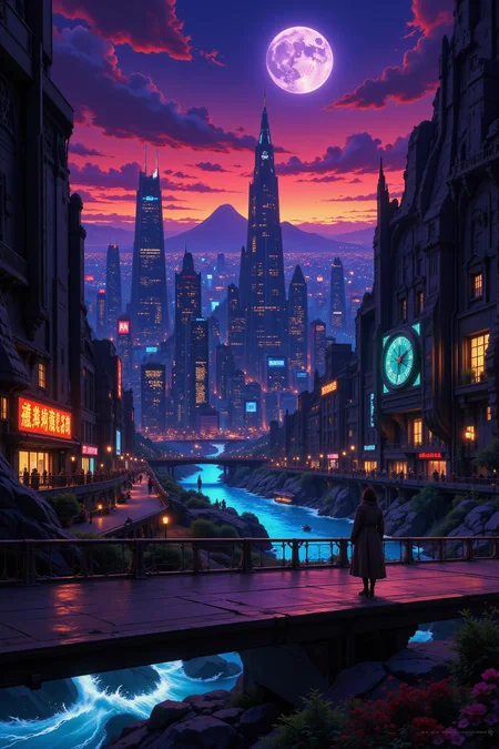 a futuristic sci-fi fantastic cyberpunk city beautiful  landscape, dusk, woman, very intricate, very detailed, sharp, bright, colorful, <lora:Hand v2:0.5> <lora:Anti-Blur:1><lora:Insane Detail Slider:0.25>  <lora:flux.1_lora_flyway_Epic-detail_v2:0.3> <lora:fluxenhancer:0.25> <lora:Anime_style:0.6> anime style