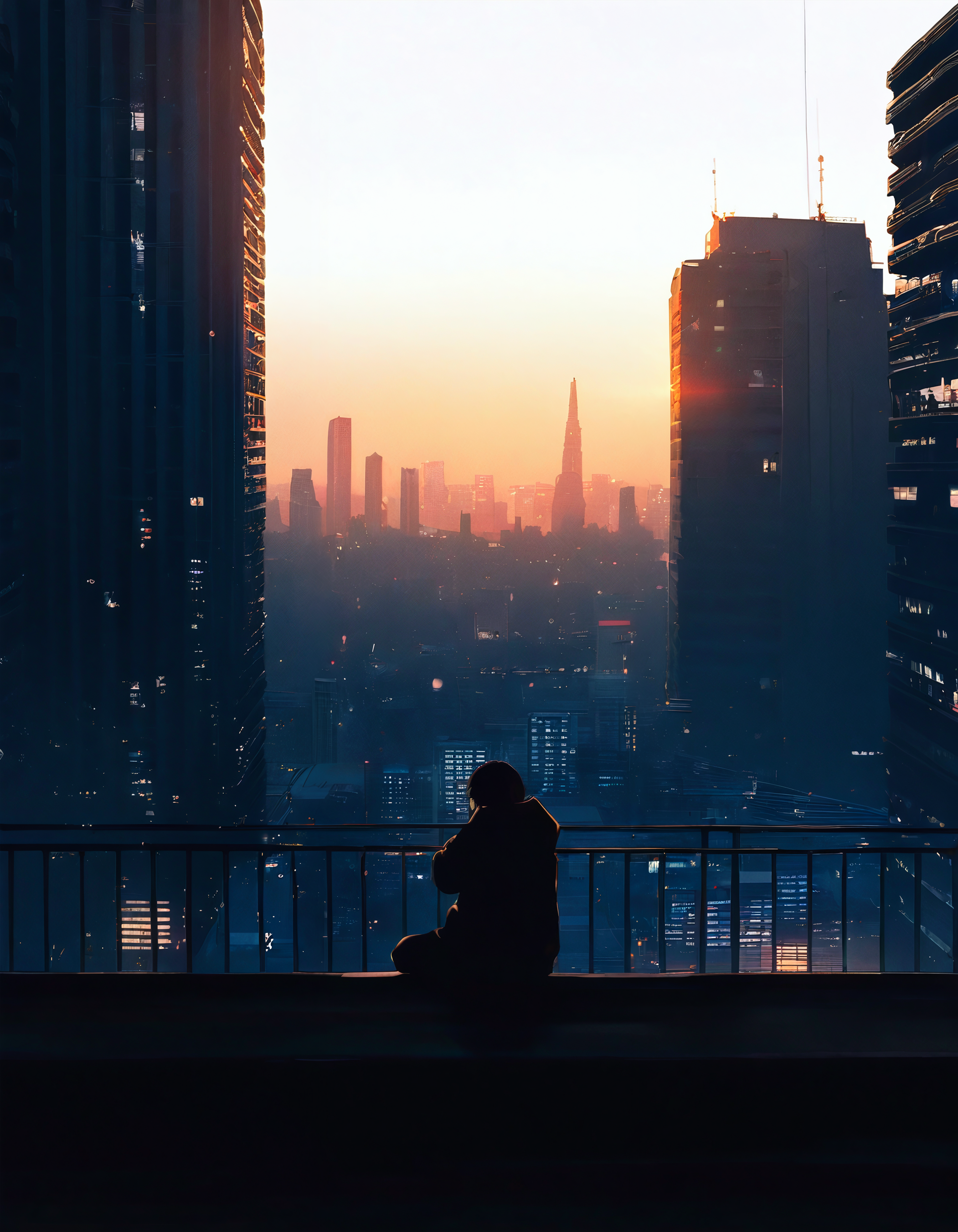 very awa, masterpiece, best quality, newest, absurdres, GitsHK95, solo, 1boy, sitting, male focus, city, skyscraper, building