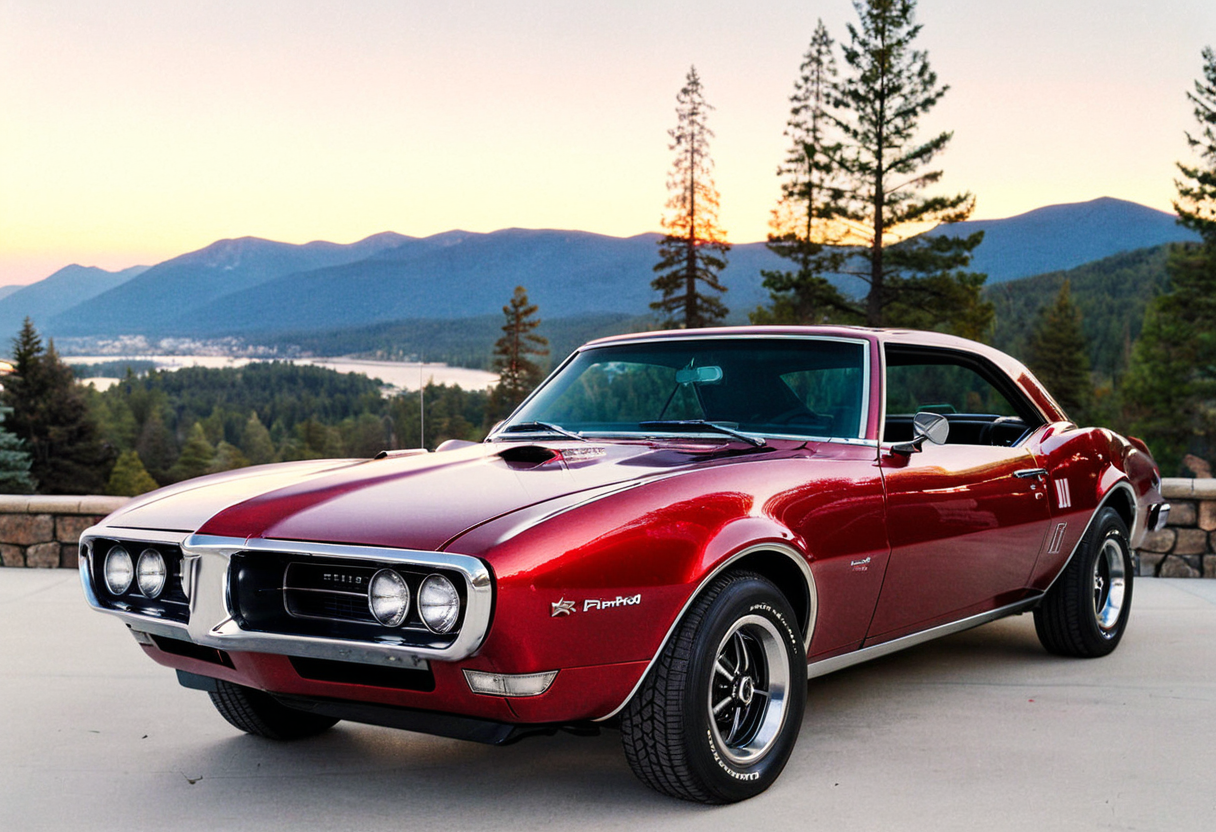 ClassicMuscleCar, red gleaming Pontiac Firebird, side view, scenic mountains sunset, pine trees, 4K, highly detailed, (((stylish grainy analog 35mm film photo)))