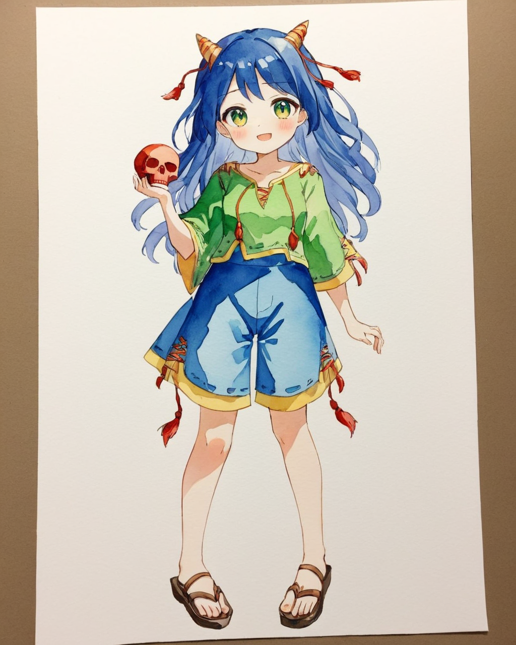 nippaku zanmu,solo, traditional_media, open_mouth, 1girl, holding, horns, blue_skirt, skull, green_shirt, blush, looking_at_viewer, full_body, :d, shorts, painting_\(medium\), standing, watercolor_\(medium\), sandals
<lora:nippaku_zanmu_image235_2023-12-20:1>,star-shaped_pupils,symbol-shaped_pupils,. gorgeous,key visual, vibrant, studio anime,award-winning, professional, highly detailed,high budget, cinemascope