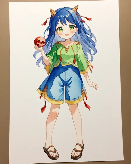 nippaku zanmu,solo, traditional_media, open_mouth, 1girl, holding, horns, blue_skirt, skull, green_shirt, blush, looking_at_viewer, full_body, :d, shorts, painting_\(medium\), standing, watercolor_\(medium\), sandals
<lora:nippaku_zanmu_image235_2023-12-20:1>,star-shaped_pupils,symbol-shaped_pupils,. gorgeous,key visual, vibrant, studio anime,award-winning, professional, highly detailed,high budget, cinemascope