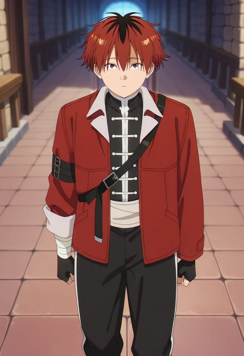 masterpiece, best quality, , anime screencap, anime coloring, official style, looking at viewer, depth of field, 1boy, solo, male focus, <lora:stark_sousou_no_frieren_ilxl:1>, stark_sousou_no_frieren, red hair, red eyes, short hair, bangs, hair between eyes, multicolored hair, two-tone hair, black hair, , Ruffled Track pants with side stripes, Suit jacket, Oxfords, Pork pie hat,
