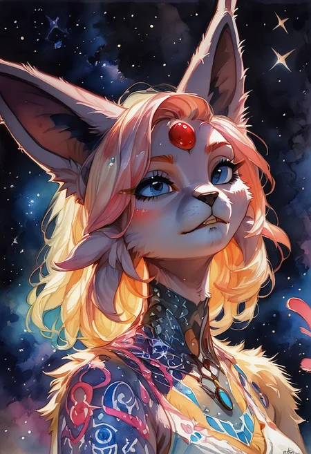 (((EspeonGirl))), female, anthro, body fur, detailed fur,
(score_9, score_8_up, score_7_up), watercolor \(medium\), traditional media, pureerosface_v1, g0thicPXL, glowing, neon, WarcraftStyle, masterpiece, best quality, highly detailed, intricate details, extremely detailed, smooth lines, masterpiece, no text, quality highlights, 8k detail, detailed background, waist-up portrait, (((pastel colors, high contrast,expressiveh,)))
...
1woman, (((Espeon), ((short fluffy fur)), multicolored fur,)))), adult, mature, (((face focus))), (sexy pose), (perky breasts, slender figure),
...
(Space background, starry sky, detailed background, artistic and intricate background)