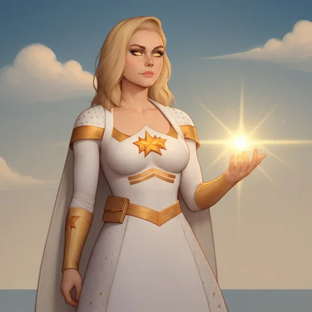 2d, score_9, score_8_up, score_7_up, score_6_up, score_5_up, score_4_up, Expressiveh, 1 girl, solo, intricate details, rating_adult, Expressiveh, WJS07style. starlight, blonde hair, beautiful woman, glowing_yellow_eyes, starlight_costume, sky background, clouds. sunshine in background, skirt, cape blowing in the wind