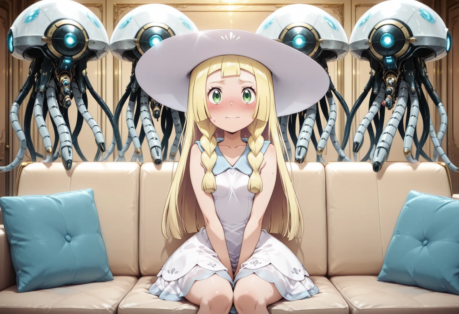 1girl, sitting, blush, shy, wavy mouth, sweatdrop, hands between own legs, couch, multiple large TechJelly behind couch, 4boys, size difference, glowing eye, mechanical tentacles, hovering,
masterpiece, best quality, amazing quality, very aesthetic
<lora:Piper_Peri_Meme_-_Illustrious:0.8> piperperri_meme, <lora:LilliePokemon_IXL_v2:0.8> zzLillie, green eyes, long hair, braid, sun hat, white headwear, collarbone, sleeveless dress, white dress, <lora:TechJelly_IXL:0.8> ,<lora:illustriousXLv01_stabilizer_v1.152:0.4>