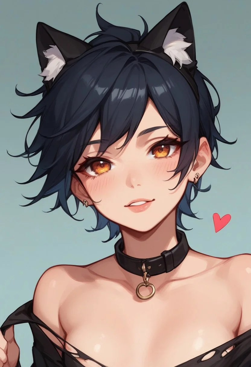 score_9, score_8_up, score_7_up, score_6_up, score_5_up, score_4_up,, Expressiveh, 1girl, beautiful, sexy, cute, tomboy, sjort black hair with fake cat ears, heart on cheek, strings, torn black stockings, fun, flat chest
